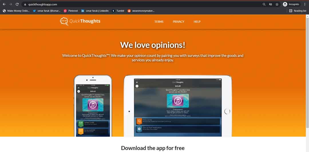 QuickThoughts app home page image to earn money from home