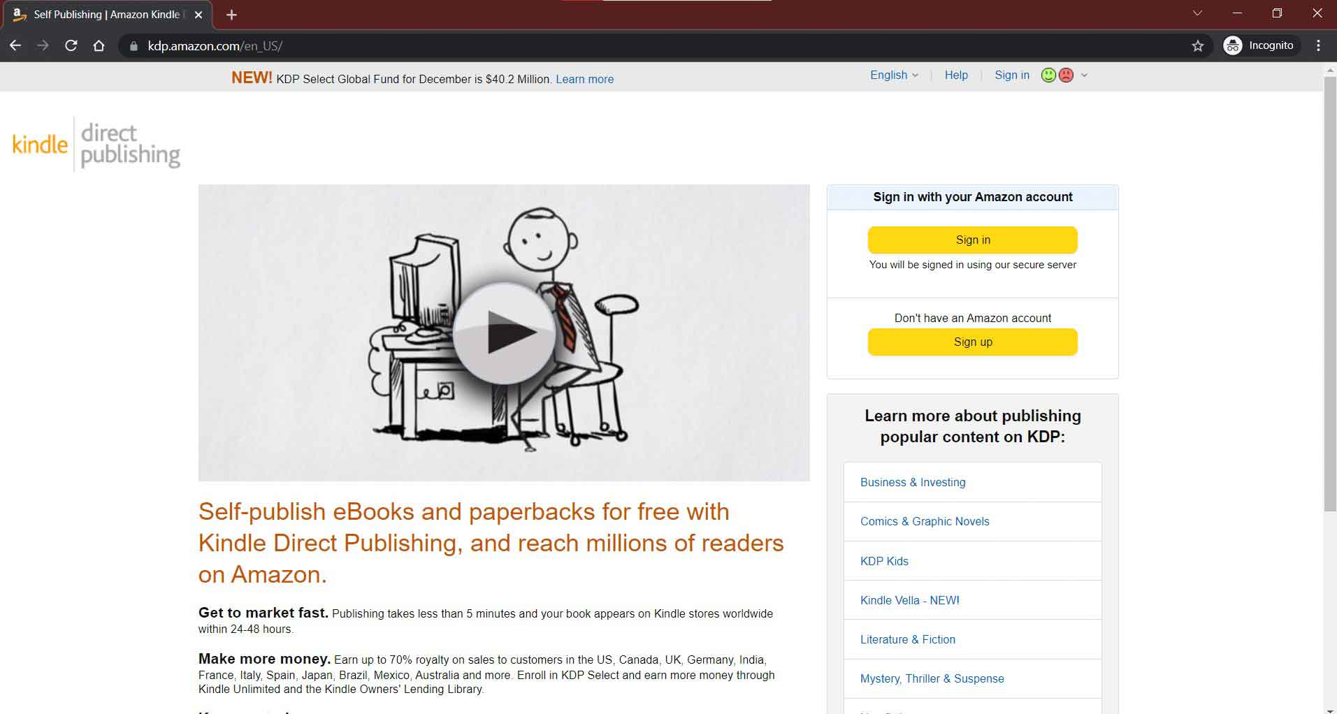 Make money online to publish an e-book at kdp.amazon.com