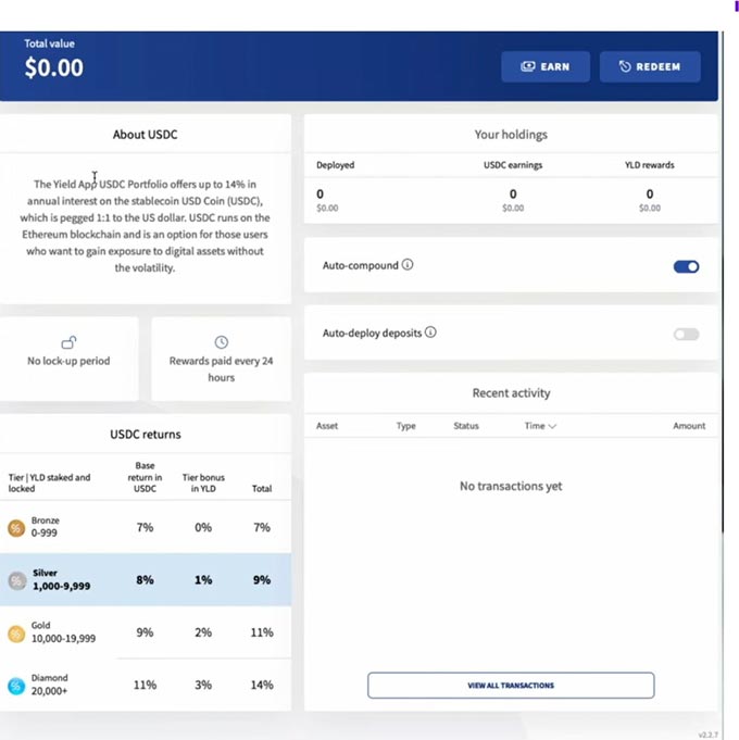 What is the USDC section at Yield App?