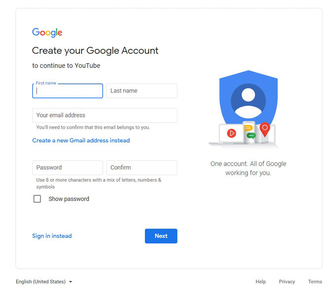 create google account form