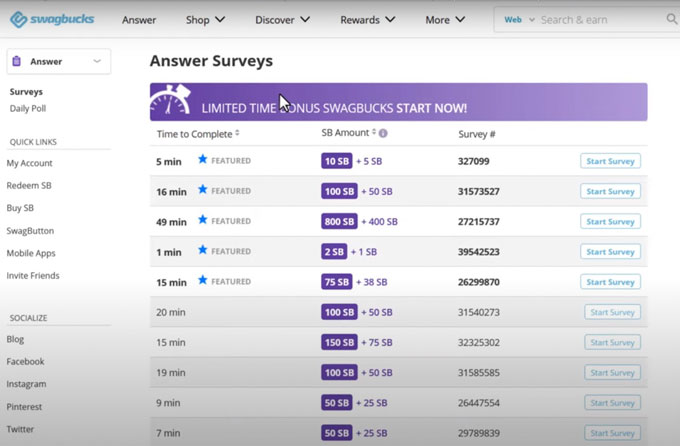 Swagbucks surveys.