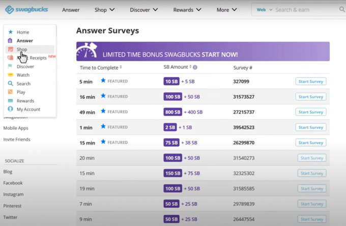 Swagbucks Shopping options