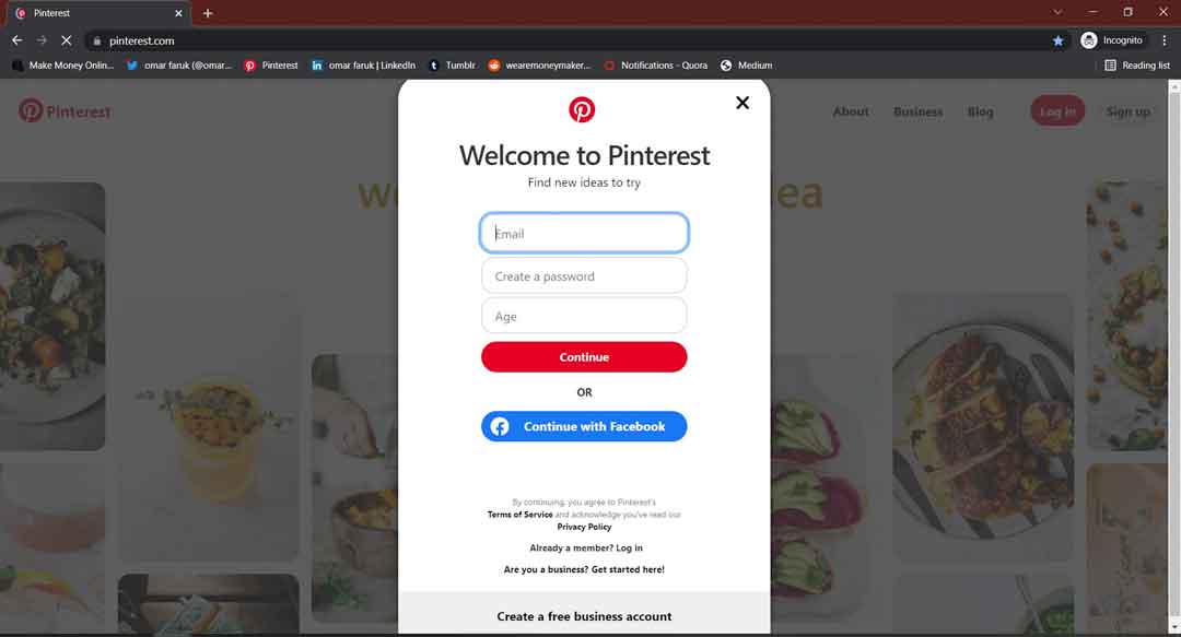 create your free account on Pinterest form 