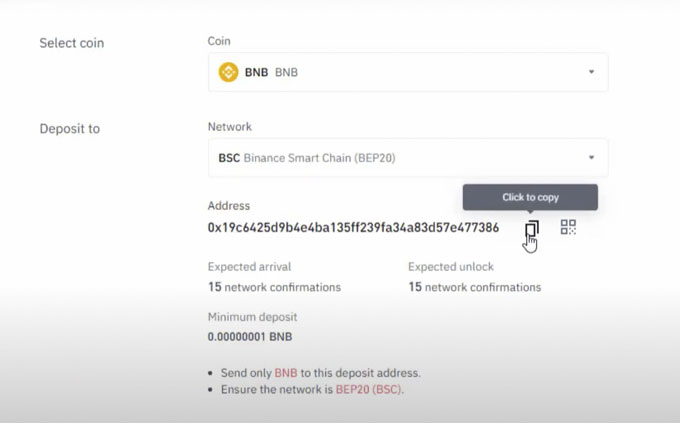 Here is the BNB click on the deposit option.