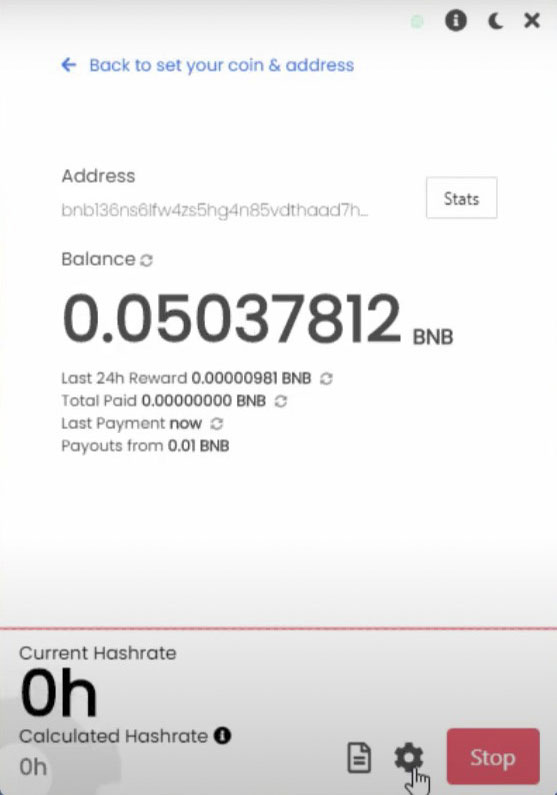You can see that the Binance wallet address of the BNB is successfully entered here. So click on the start button.