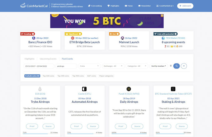 Crypto airdrops in Coinmarketcal.com.