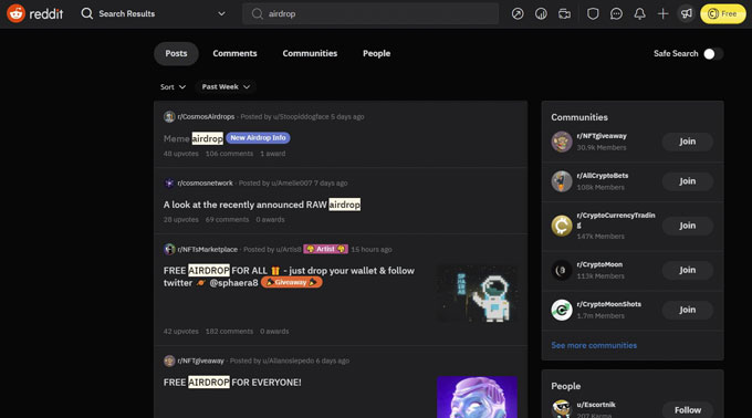 2. Crypto airdrops on Reddit.