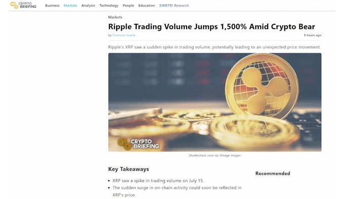 Ripple or XRP trading volume increase of 1500 percent.