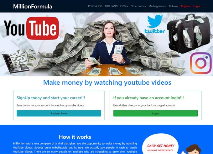 Millionformula Earn money by watching YouTube videos