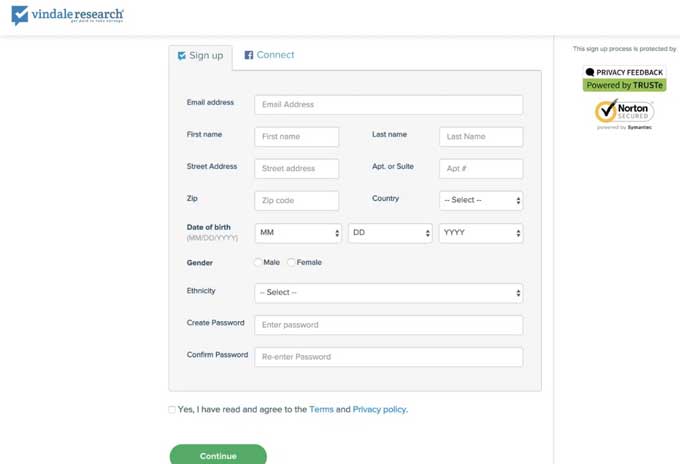 Signing up for a Vindale account.