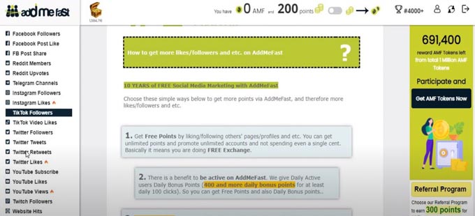 Addmefast has multiple options for earning points.