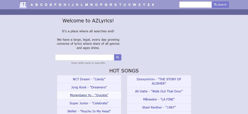 Find song lyrics from Azlyrics.com