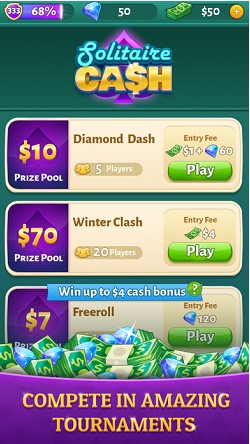 Play freeroll tournaments at Solitaire Cash.