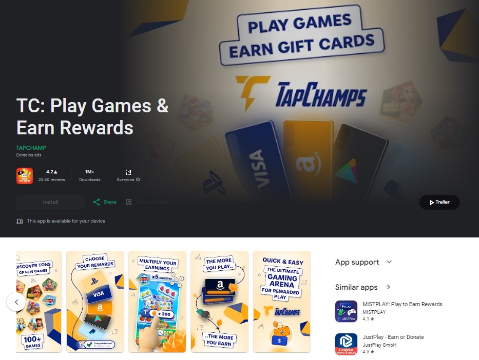 1. Earning Money Gaming Apps November 2023 is TapChamps.