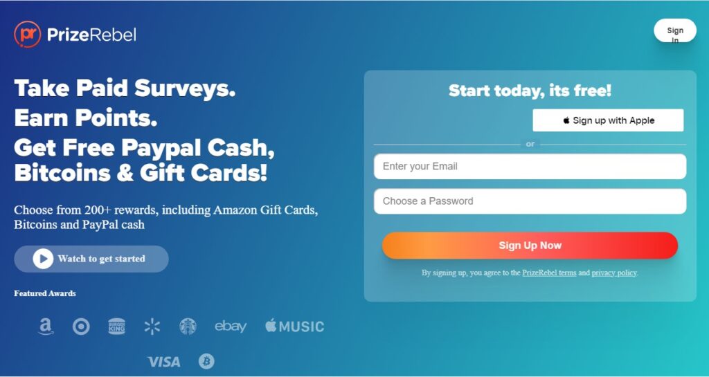 3. PrizeRebel you can take surveys for Amazon gift cards