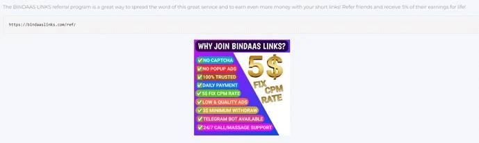 2. Make Money With Bindaas Links Referral Program.